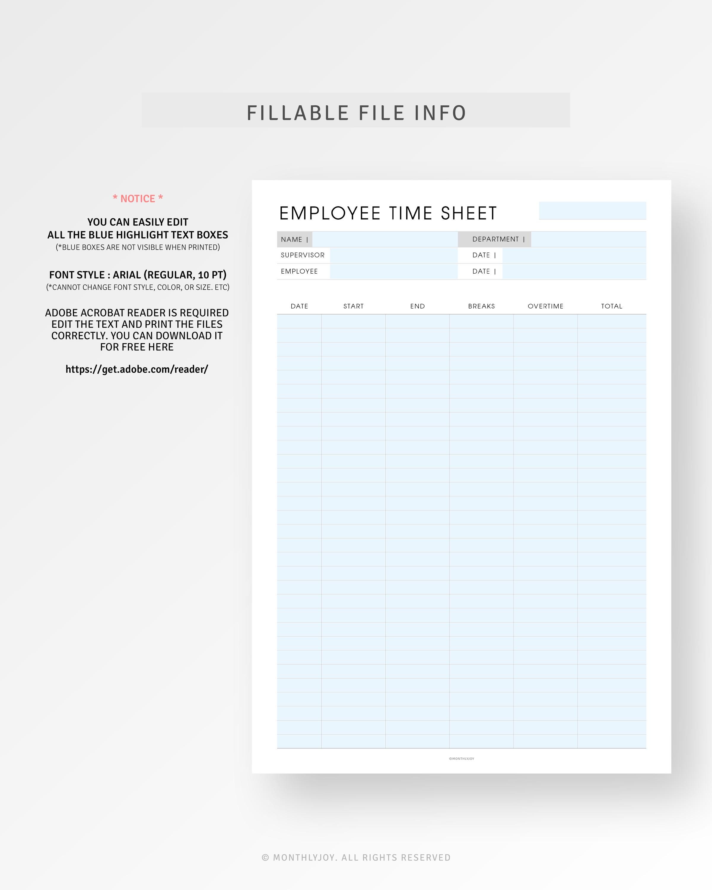 Employee Time Sheet Printable Weekly Timesheet Template, Work Hours Log ...