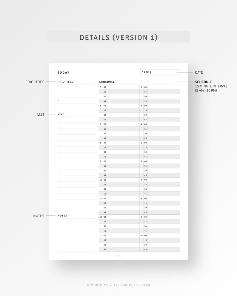 May include: A black and white printable daily planner with sections for priorities, a list, notes, and a schedule. The schedule is broken down into 15-minute intervals from 5 AM to 10 PM.