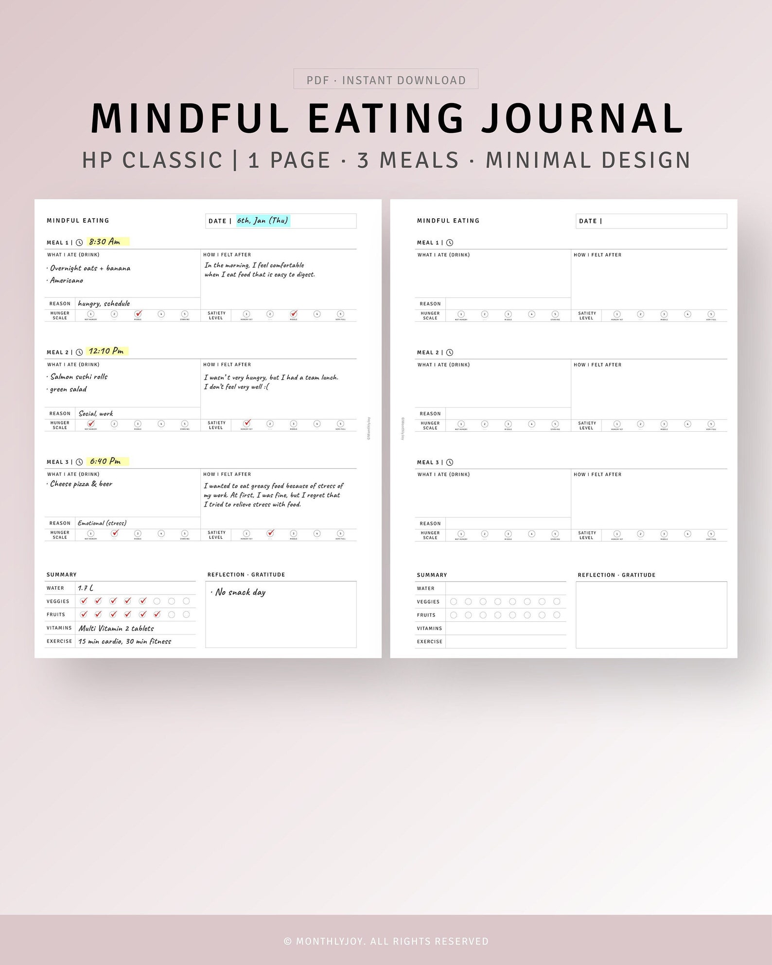 Mindful Eating Journal Printable Intuitive Eating Habit Food ...