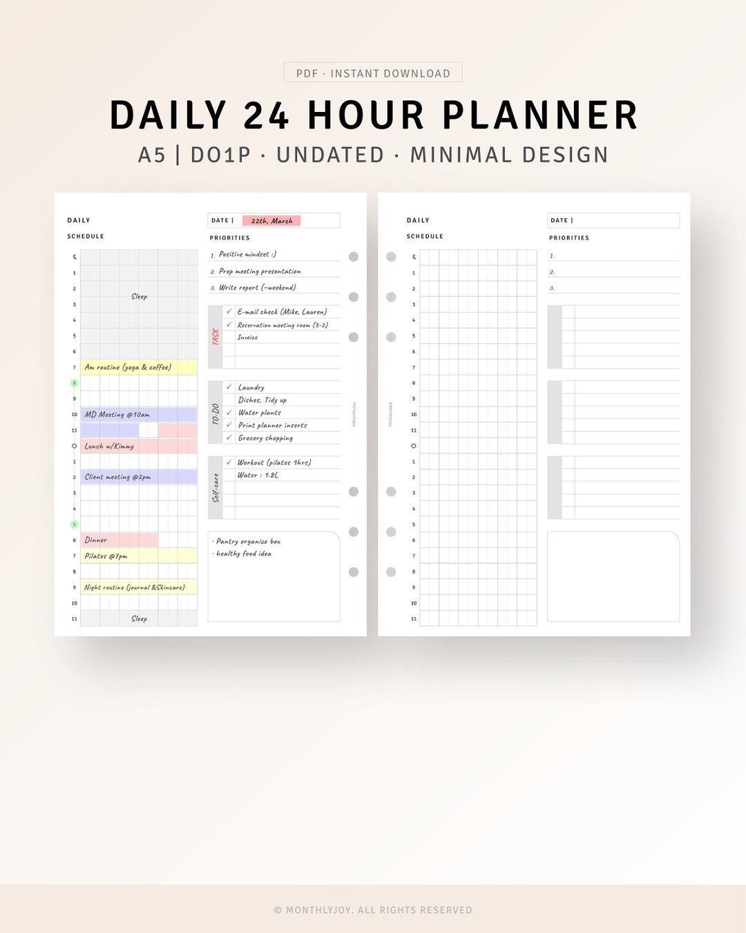24 Hour Planner A5 Ring Inserts Printable Undated Hourly Etsy