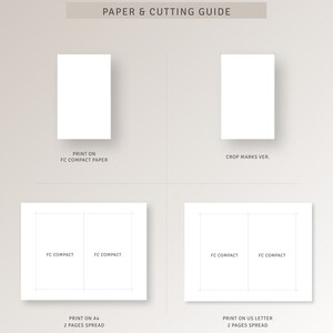 May include: A guide for printing and cutting paper for a project. The guide shows how to print on FC Compact paper, A4 paper, and US Letter paper. It also shows how to crop the paper to the correct size.