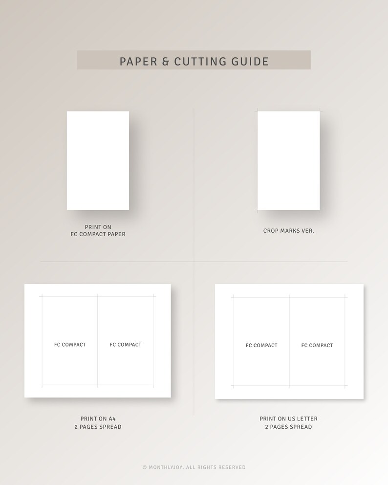 May include: A guide for printing and cutting paper for a project. The guide shows how to print on FC Compact paper, A4 paper, and US Letter paper. It also shows how to crop the paper to the correct size.