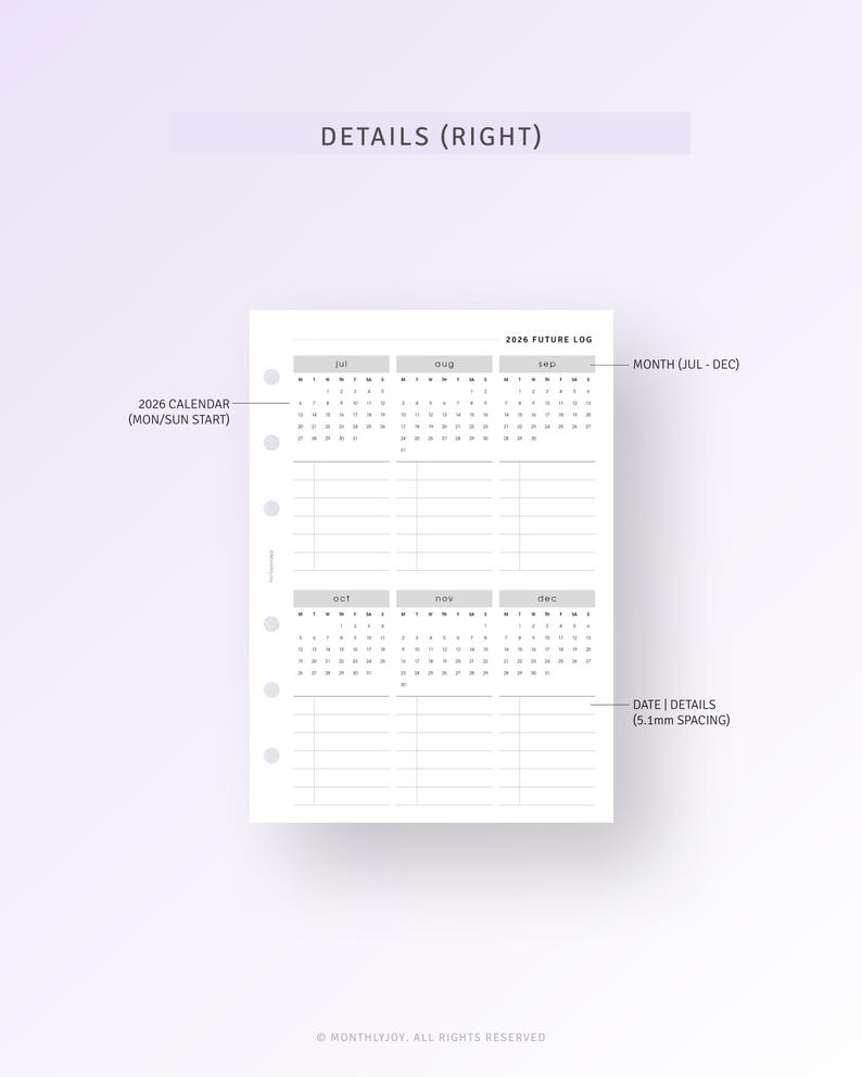 2026 Future Log Printable A6 Size Inserts, Yearly Overview Calendar ...
