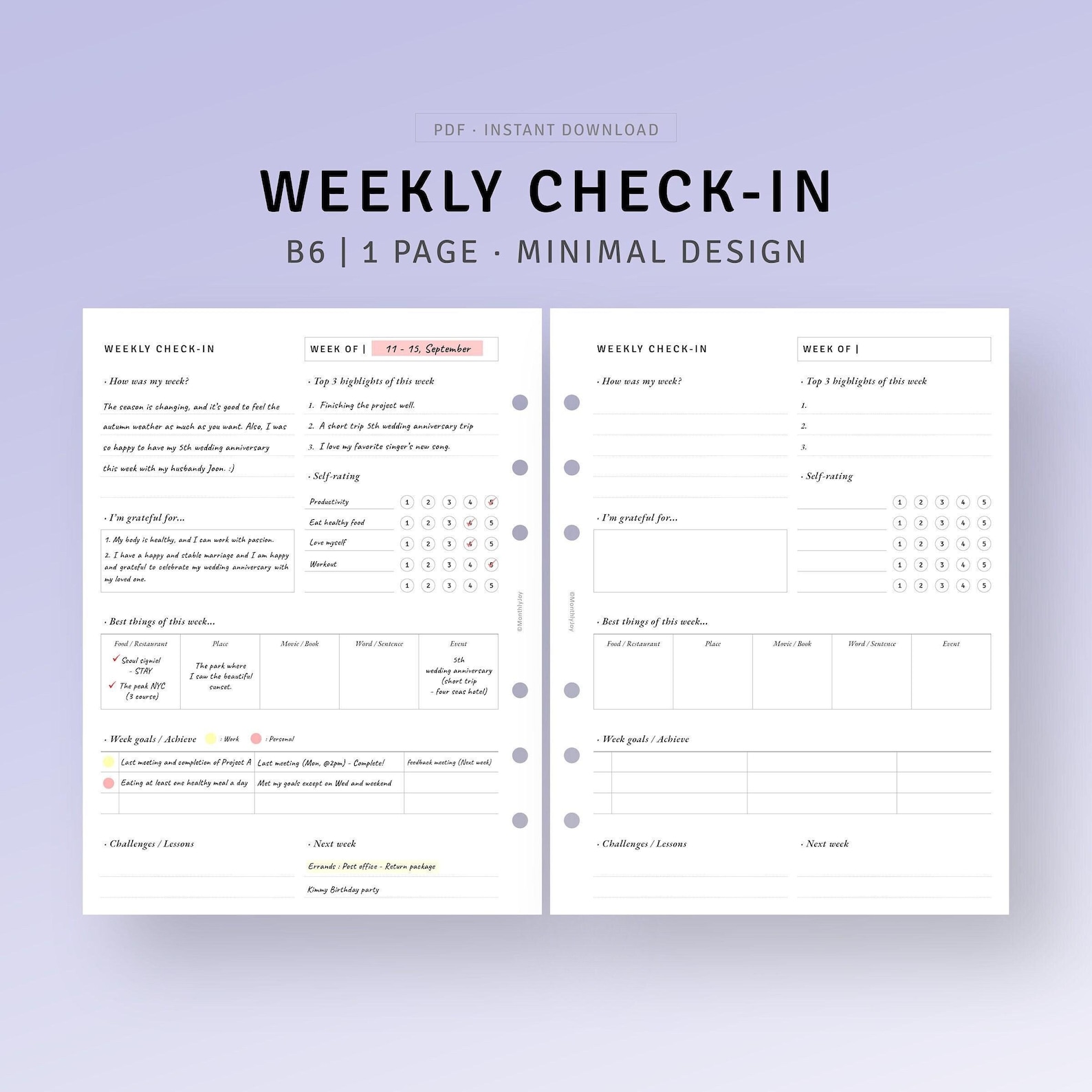 Weekly Reflection Template Printable B6 Inserts, Week in Review, Goal