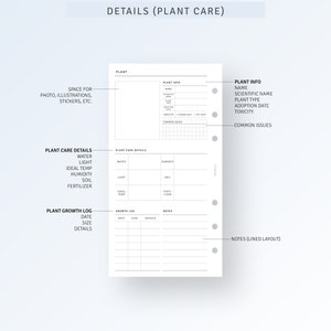 May include: A white planner page with the title "DETAILS (PLANT CARE)". The page includes sections for plant info, plant care details, and a plant growth log. Text includes "Space for photo, illustrations, stickers, etc."