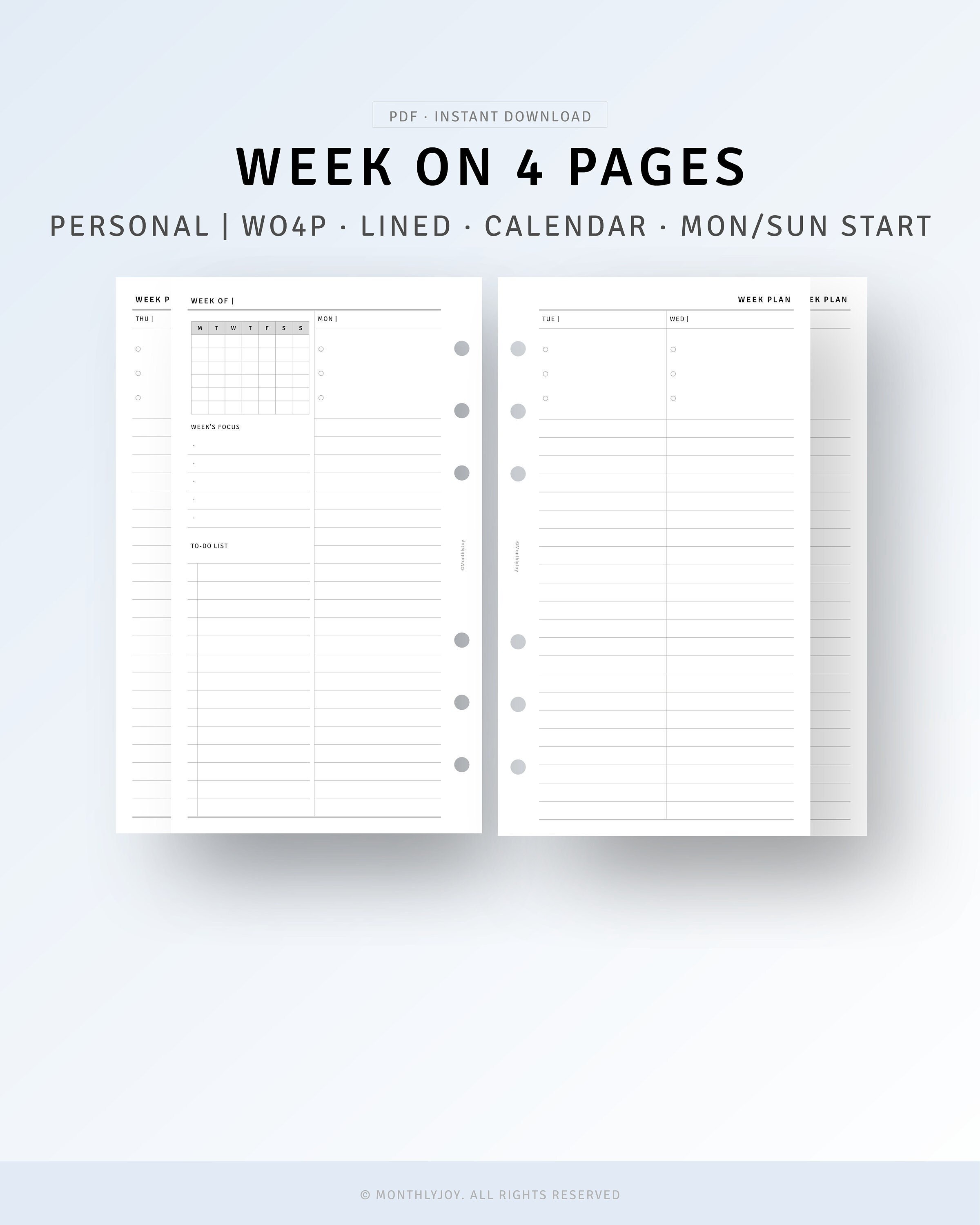Personal, Week on 4 Pages Printable Undated Weekly Planner PDF, Week  Calendar Template, to Do List, Weekly Spreads Layout, Digital Download -  Etsy