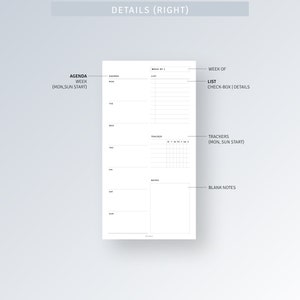 May include: A black and white printable planner page with sections for a weekly agenda, a list, trackers, and notes. The text "DETAILS (RIGHT)" is at the top of the page.