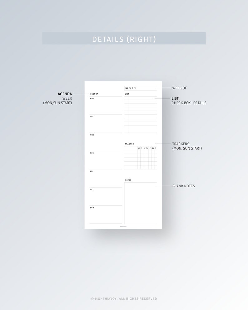 May include: A black and white printable planner page with sections for a weekly agenda, a list, trackers, and notes. The text "DETAILS (RIGHT)" is at the top of the page.