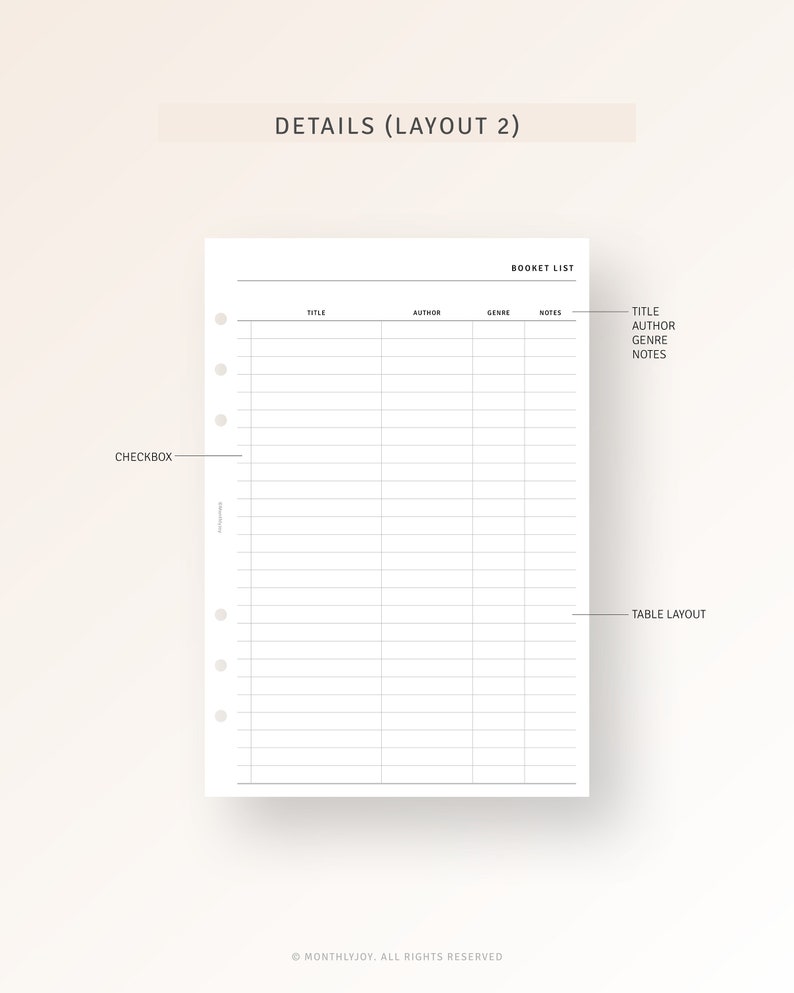 Puede incluir: Un rastreador de lista de libros imprimible con un dise&ntilde;o de tabla. La tabla tiene columnas para t&iacute;tulo, autor, g&eacute;nero, notas y una secci&oacute;n para notas adicionales. El texto "BOOKET LIST" est&aacute; en la parte superior de la tabla.