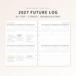 May include: A 2027 future log planner insert in A5 size, featuring two pages with monthly calendar grids for January through December. The layout includes space for notes, highlighted dates, and punch holes for binding on the left side.