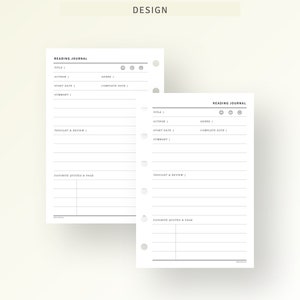 May include: A printable reading journal template with two pages. The template includes sections for title, author, genre, start date, complete date, summary, thoughts and review, and favorite quotes and page.