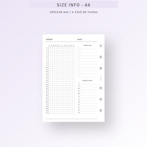 May include: A black and white printable A6 monthly planner with a grid layout for tracking daily activities. The planner includes sections for period keys, monthly notes, and a year section.