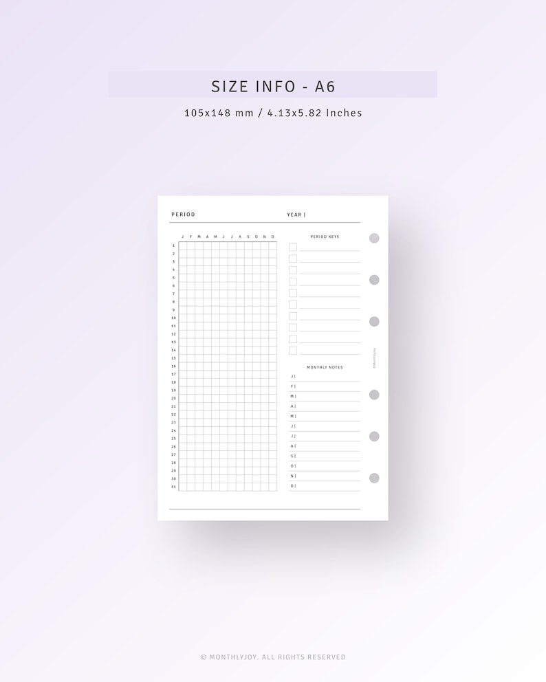 May include: A black and white printable A6 monthly planner with a grid layout for tracking daily activities. The planner includes sections for period keys, monthly notes, and a year section.