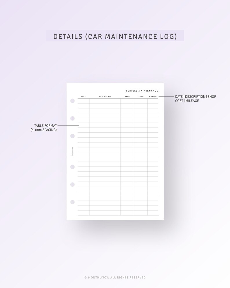 Car Maintenance Log A6 Planner Inserts Printable Household Vehicle Care ...