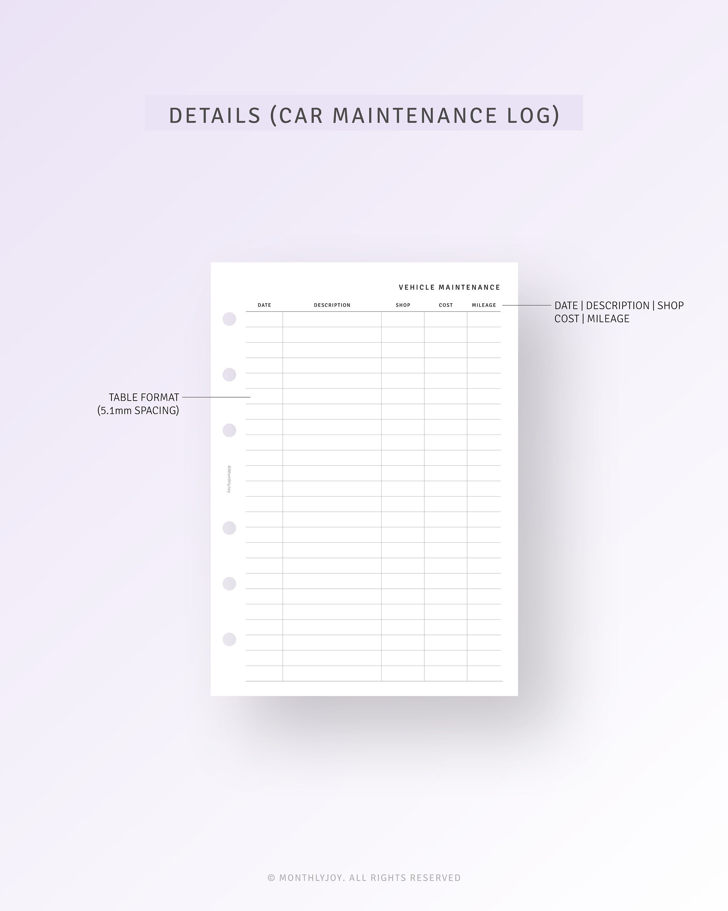 Car Maintenance Log A6 Planner Inserts Printable Household Vehicle Care ...