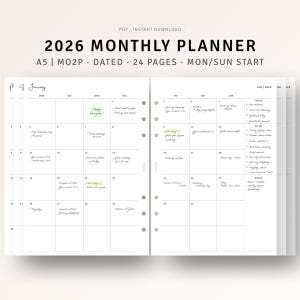 May include: A white 2026 monthly planner with a grid layout, featuring the text "2026 MONTHLY PLANNER" and "A5 | MO2P | DATED | 24 PAGES | MON/SUN START". The planner includes a January calendar spread with handwritten notes.