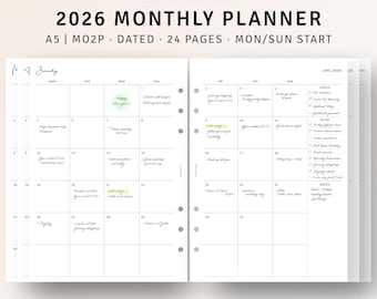 2026 A5 Monthly Planner Printable Dated Calendar Inserts Refills, Minimalist Monthly Schedule Pages, Month on 2 Pages, PDF Instant Download