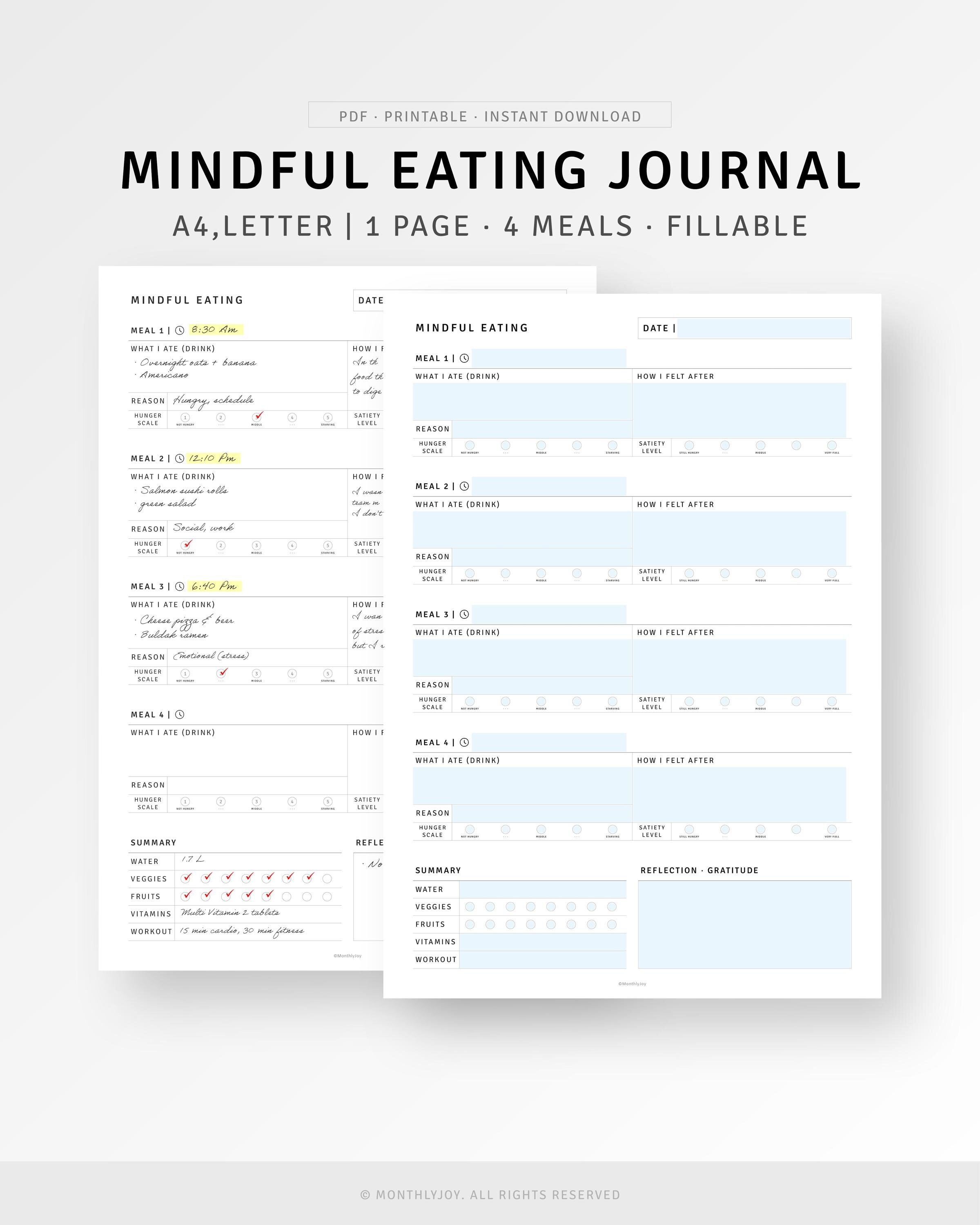 Mindful Eating Food Journal Printable A4/letter Food Sensitivities Log ...