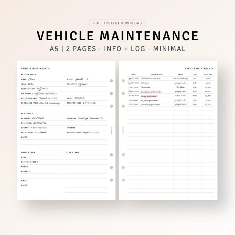 Car Maintenance Log A5 Ring Printable Vehicle Service Maintenance ...