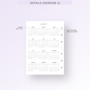 2024 Printable Calendar A6 Ring Inserts, 2024 Dated Yearly Overview, 12 ...
