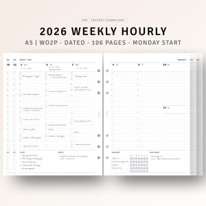 May include: A two-page spread of a 2026 weekly hourly planner. The planner is dated and has 106 pages. The text "2026 WEEKLY HOURLY" is at the top. The planner includes sections for notes, trackers, and to-do lists.