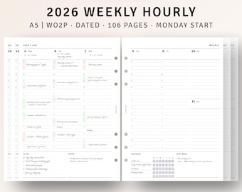 A5 Inserts, 2026 Weekly Planner Printable 2026 Dated Weekly Schedule Organizer, To do list, WO2P, Daily Hourly Template Digital Download PDF