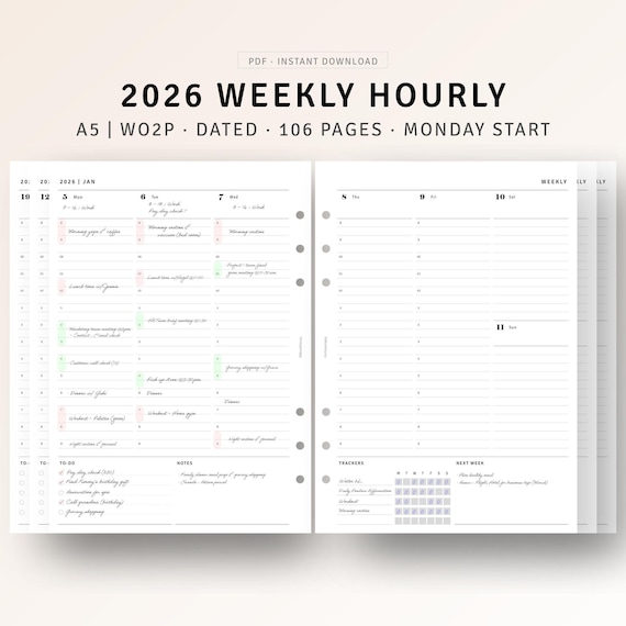 A5 Inserts, 2026 Weekly Planner Printable 2026 Dated Weekly Schedule Organizer, To do list, WO2P, Daily Hourly Template Digital Download PDF