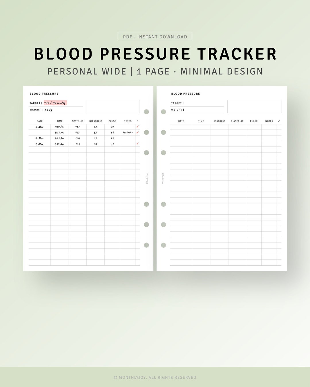 Blood Pressure Log Printable Personal Wide Inserts, Medical Vitals ...