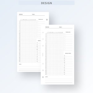 May include: Two black and white printable planner pages with a grid layout. The pages are labeled "Period" and "Year 1". The left page has a grid with 31 rows and 12 columns. The right page has a grid with 31 rows and 13 columns. Both pages have a section for "Period Keys" and "Notes".