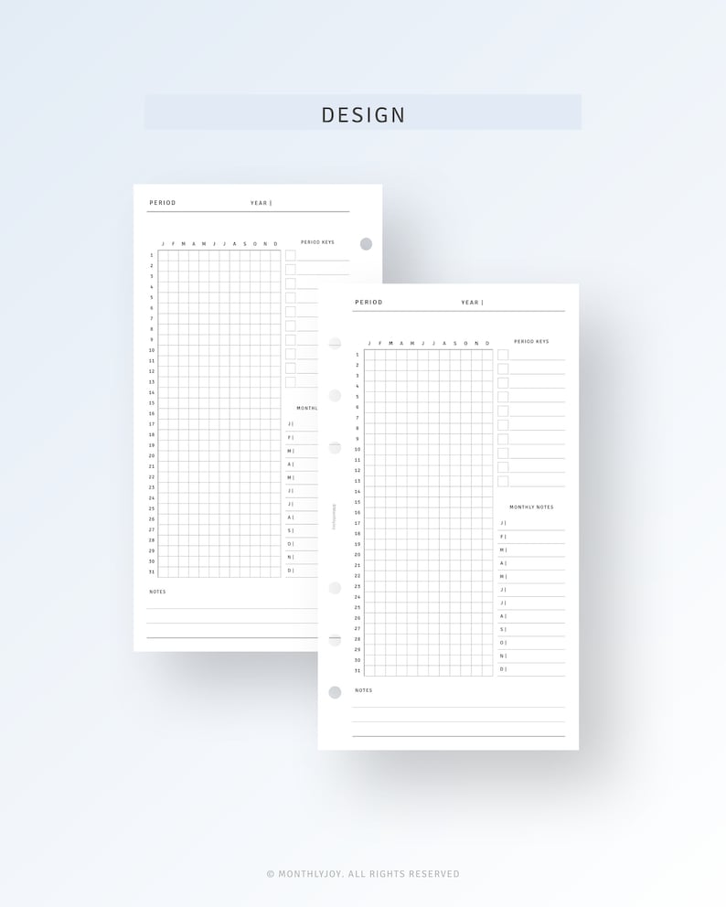 May include: Two black and white printable planner pages with a grid layout. The pages are labeled "Period" and "Year 1". The left page has a grid with 31 rows and 12 columns. The right page has a grid with 31 rows and 13 columns. Both pages have a section for "Period Keys" and "Notes".