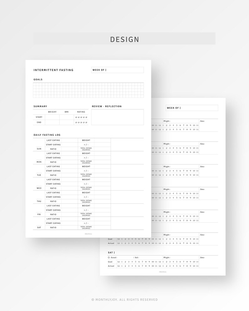 May include: A printable intermittent fasting log with a black and white design. The log includes sections for daily fasting goals, weight, BMI, rating, review, and reflection. The log also includes a daily fasting log with sections for start eating, last eating, and ratio. The log is designed to help people track their intermittent fasting progress.