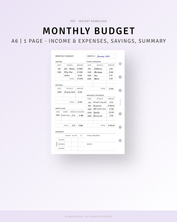 Monthly Budget Planner A6 Inserts Printable Budget Tracker - Etsy