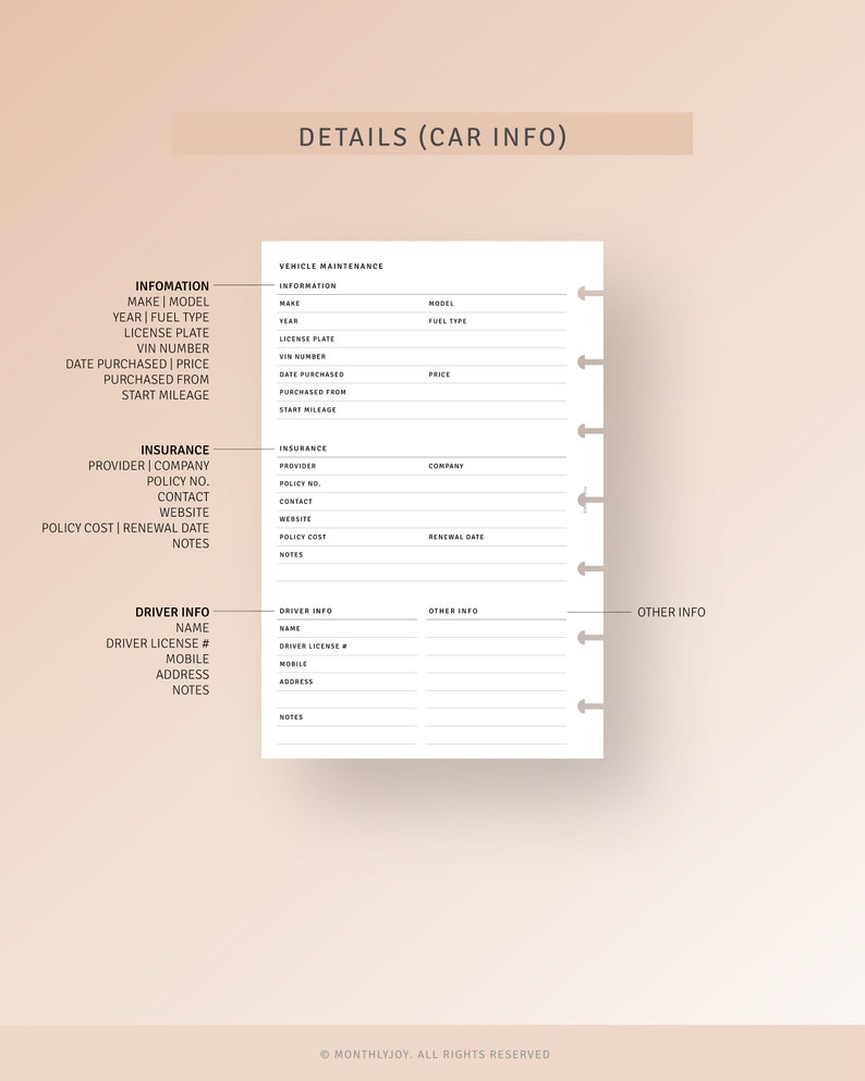 Car Maintenance Log Printable HP Mini Inserts, Auto Mileage Journal ...