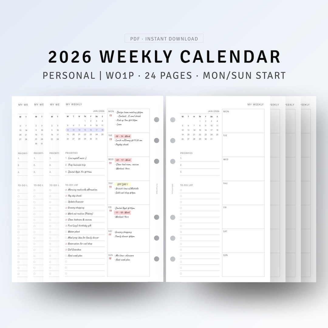 2026 Weekly Calendar Personal Size Printable Daily Schedule Organizer ...