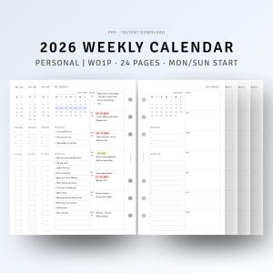 May include: A 2026 weekly calendar with a minimalist design. The calendar features a two-page spread with sections for each day of the week, to-do lists, and project planning. The text "2026 WEEKLY CALENDAR" is at the top.