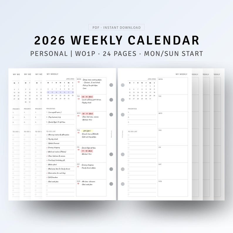 2026 Weekly Calendar Personal Size Printable Daily Schedule Organizer ...
