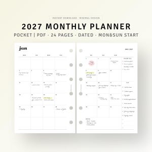 May include: A 2027 monthly planner digital template with a white background and black text. The layout features two pages showing a calendar grid for January, including a priorities section, a checklist, and a notes area with handwritten entries.