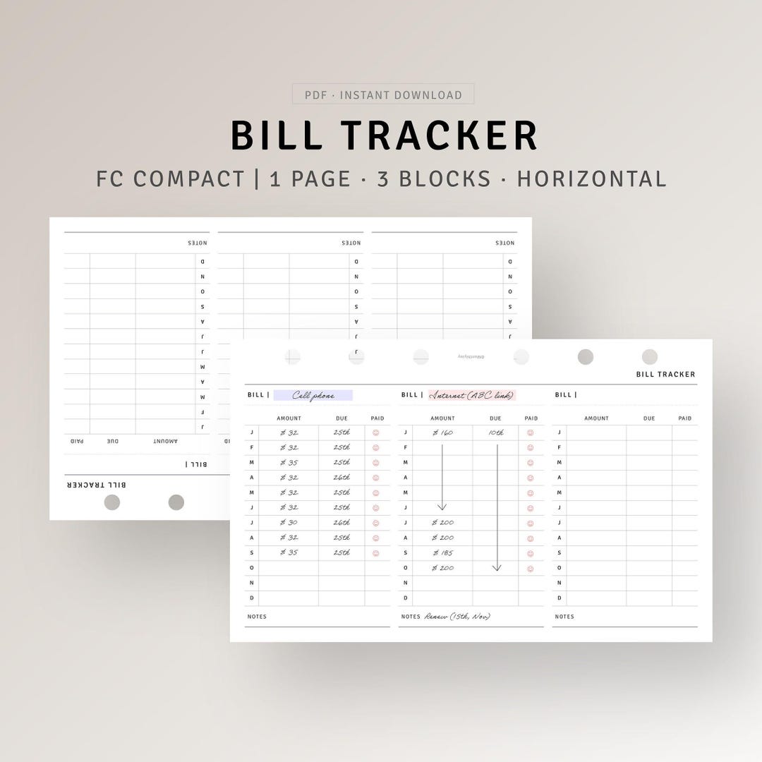 Bill Tracker FC Compact Inserts Printable Finance Planner, Payment ...