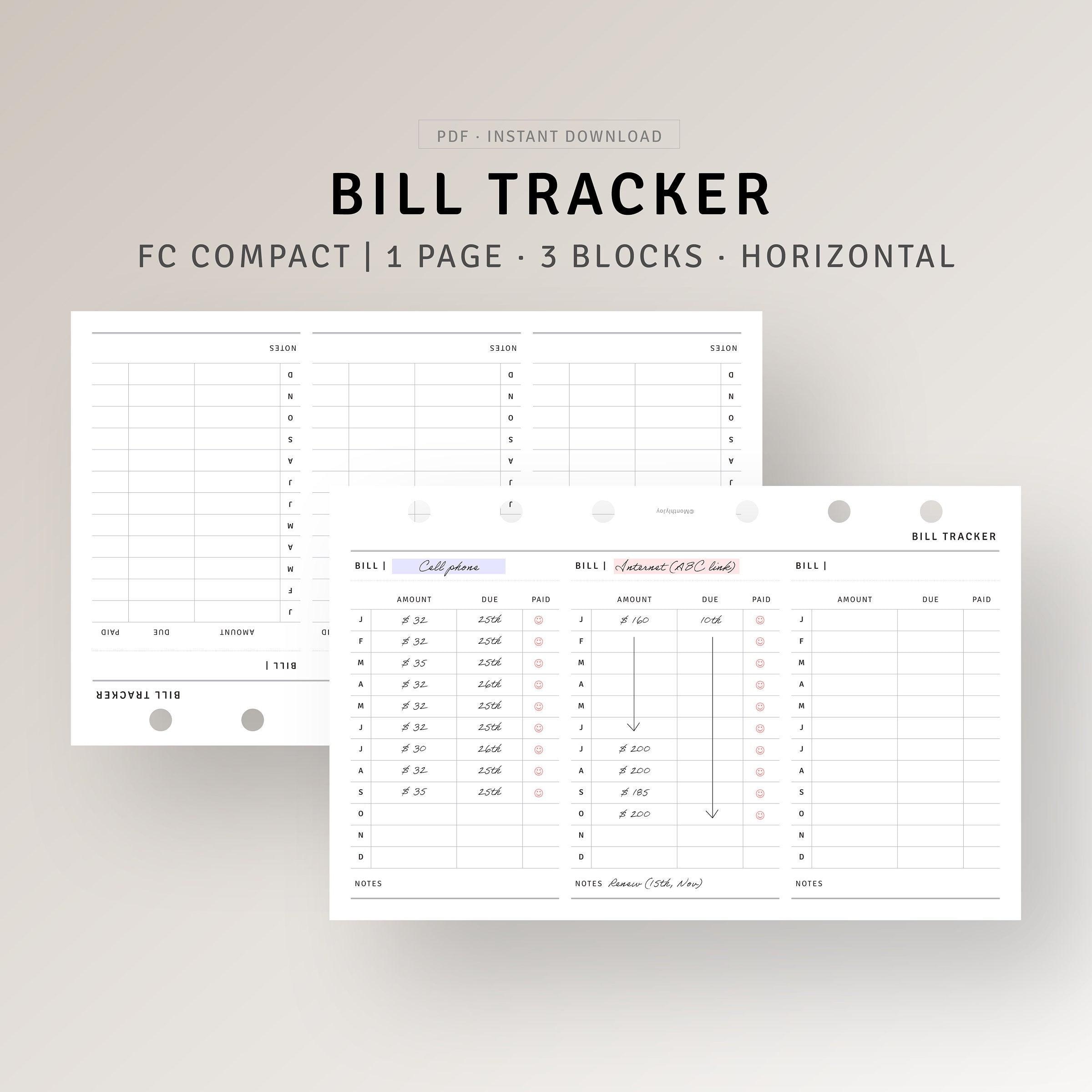 Bill Tracker FC Compact Inserts Printable Finance Planner, Payment ...