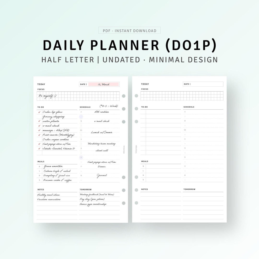 Undated Daily Planner Printable Half-letter Binder, Day on A Page ...