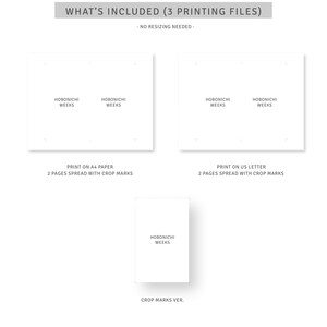 May include: A digital print file set, including three printing options. The text "WHAT'S INCLUDED (3 PRINTING FILES)" is at the top. The files are labeled "HOBONICHI WEEKS" and are designed for A4 paper, US letter paper, and crop marks.