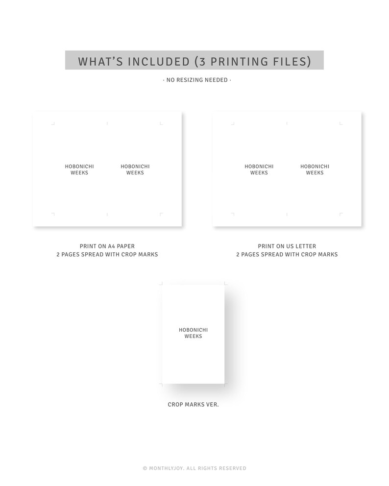 May include: A digital print file set, including three printing options. The text "WHAT'S INCLUDED (3 PRINTING FILES)" is at the top. The files are labeled "HOBONICHI WEEKS" and are designed for A4 paper, US letter paper, and crop marks.