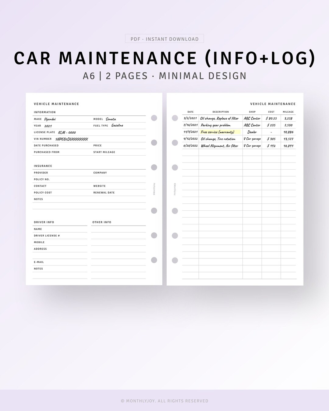 Car Maintenance Log A6 Planner Inserts Printable Vehicle Care Tracker ...