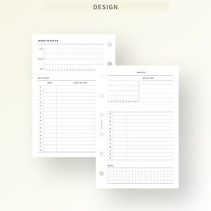 Puede incluir: Una p&aacute;gina de planificador imprimible con un rastreador de estado de &aacute;nimo, un registro diario de estado de &aacute;nimo y un calendario mensual. El rastreador de estado de &aacute;nimo tiene una escala de "Bueno" a "Malo" y el registro diario de estado de &aacute;nimo tiene espacio para "Estado de &aacute;nimo" y "Cosas de hoy". El calendario mensual tiene espacio para "Reflexi&oacute;n" y "Notas".
