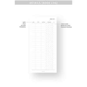 May include: A white book log with the text "DETAILS (BOOK LOG)" at the top. The log includes sections for date, title, author, and progress, with a checkbox to mark when reading is finished. The bottom of the page has the text "MONTHLYJOY. ALL RIGHTS RESERVED."