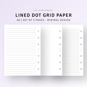 Insertos imprimibles A6: páginas rayadas, cuadriculadas y punteadas, diario minimalista, bullet journal, toma de notas, recambios para carpeta de anillas, descarga digital en PDF