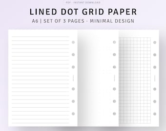 A6 druckbare Einsätze - liniert, gitterförmig, gepunktete Seiten, Minimalistisches Journal, Bullet Journal, Notizen machen, Ringbucheinlagen, digitaler Download PDF
