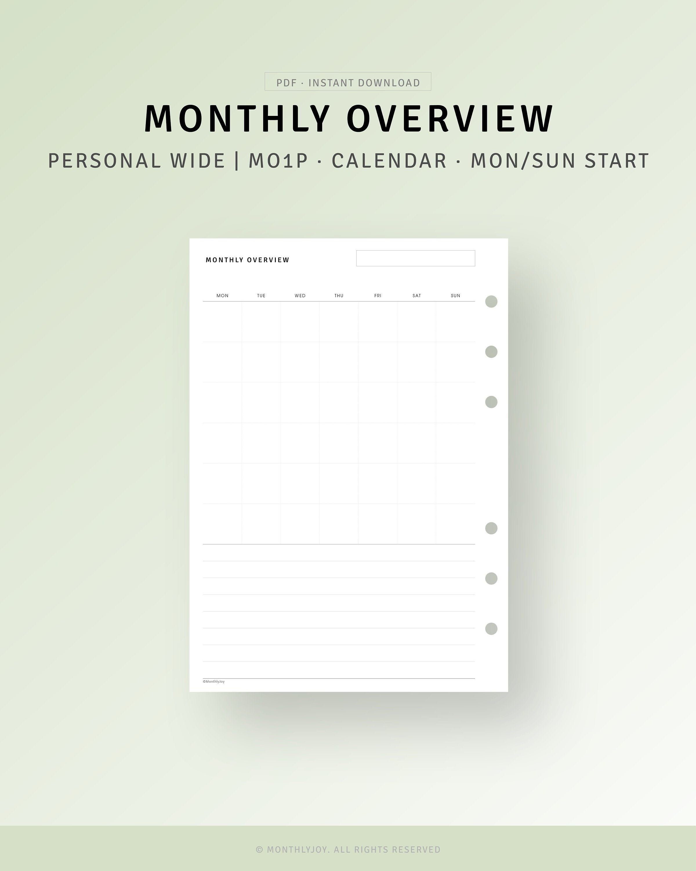 Minimalist Monthly Overview Personal Wide Printable Monthly | Etsy