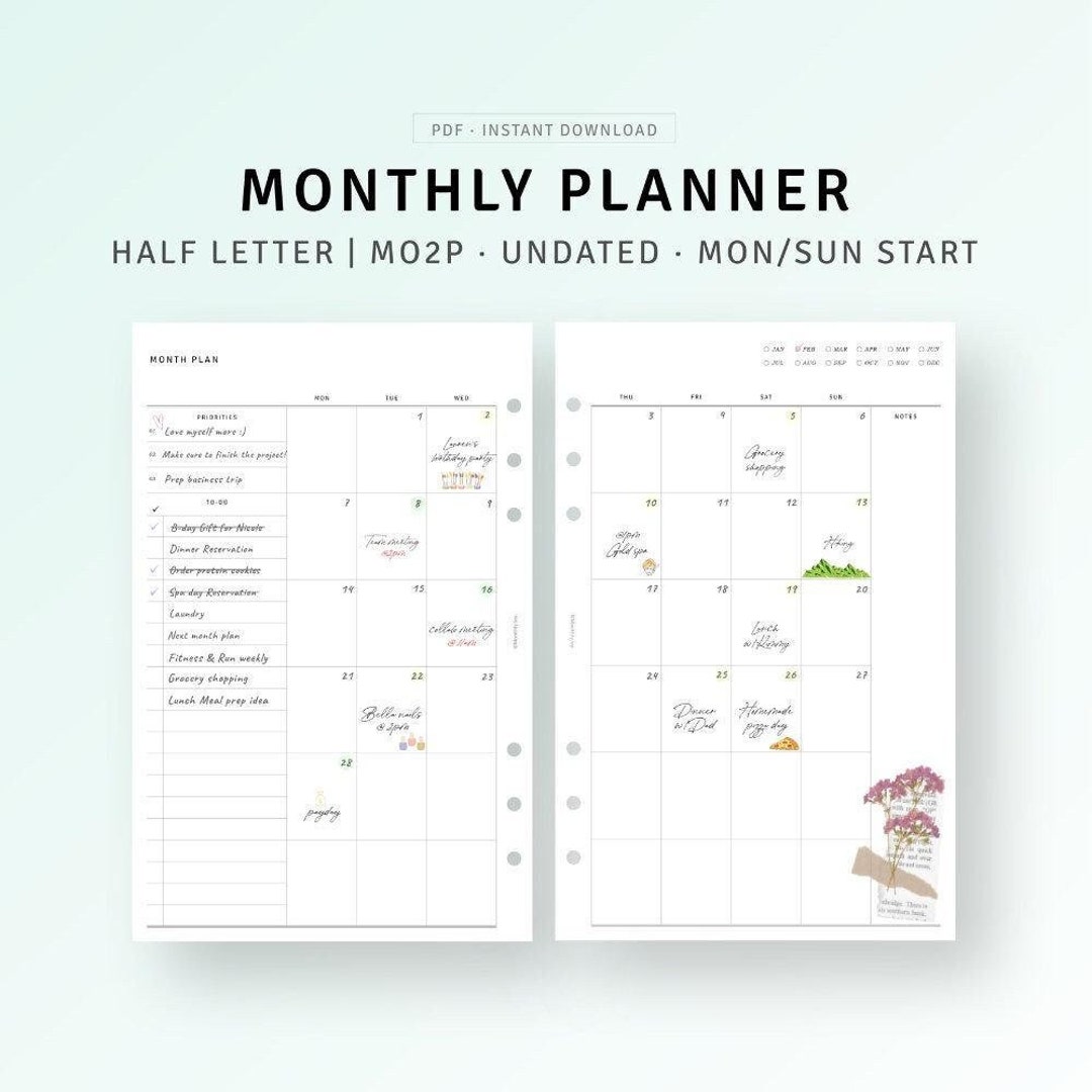 Undated Monthly Planner Printable to Do List, Half Size Inserts, Month ...