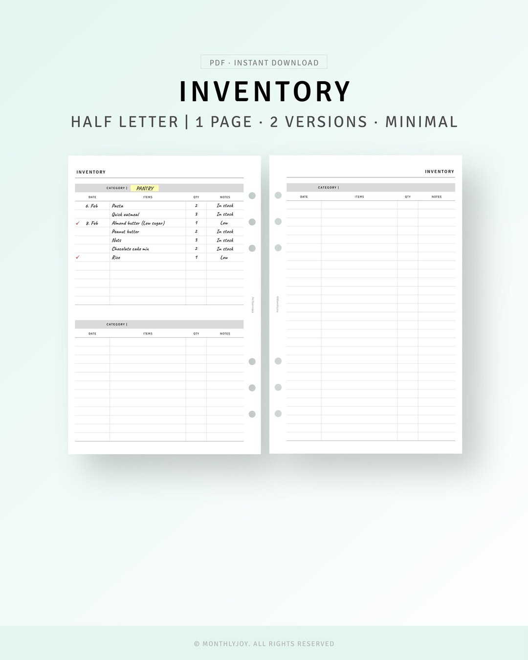 Inventory Template Half Letter Inserts Printable, Simple Inventory ...
